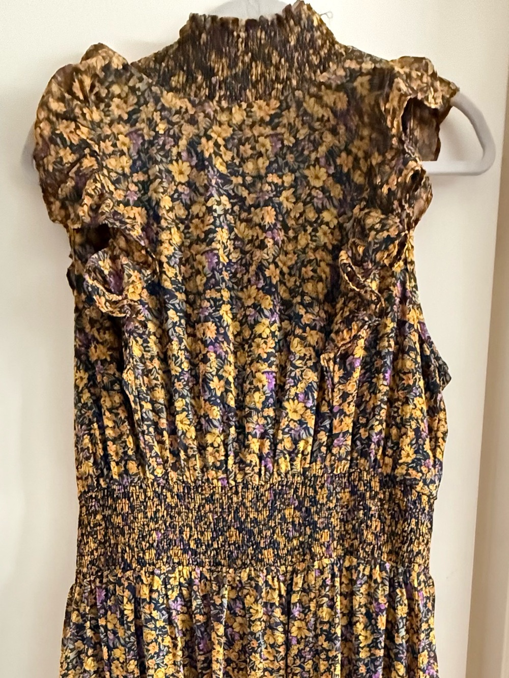 Smocked Lulaβs Neck Floral Dress in Mustard and Black